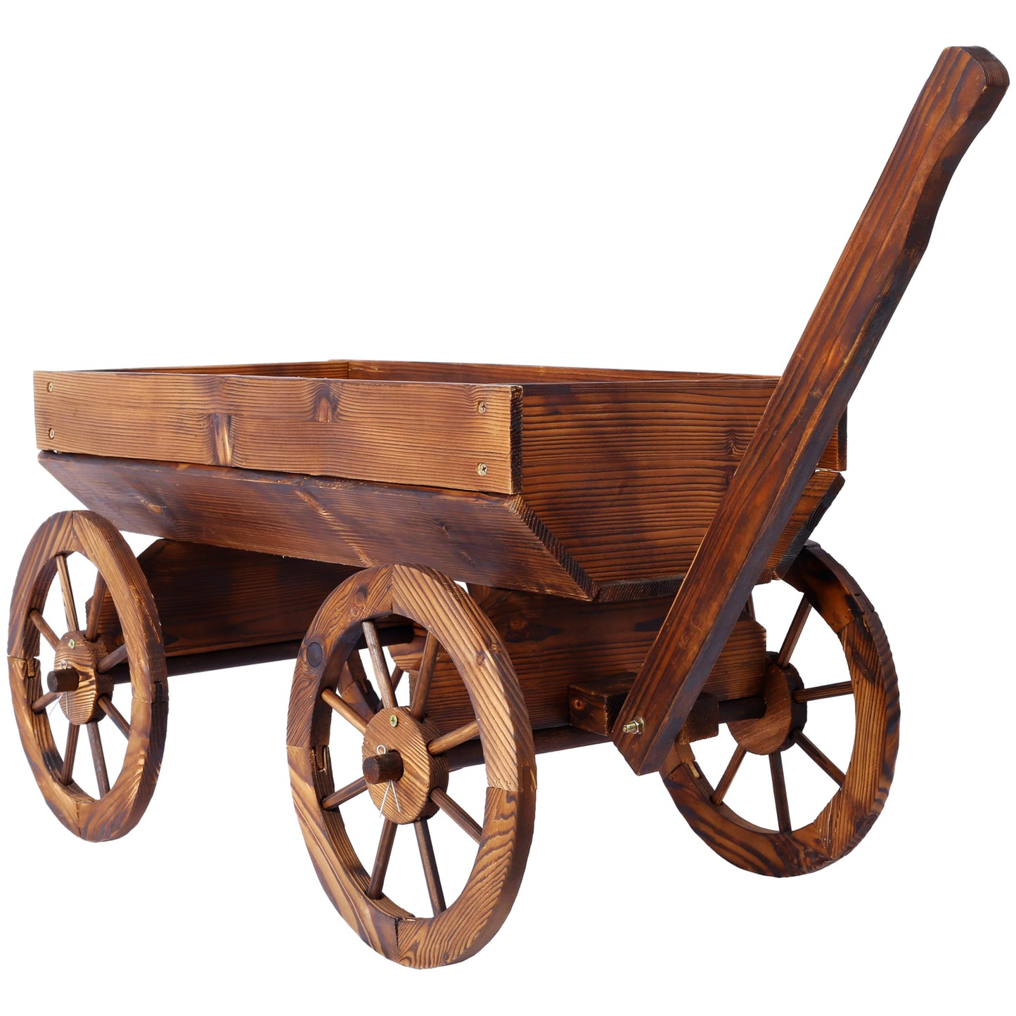 LifeSky Wooden Garden Cart Planter Wagon: Rustic Solid Wood Construction with Four Wheels & Handle - Farmhouse Style Outdoor Decor for Patio Garden Design & Plant Display