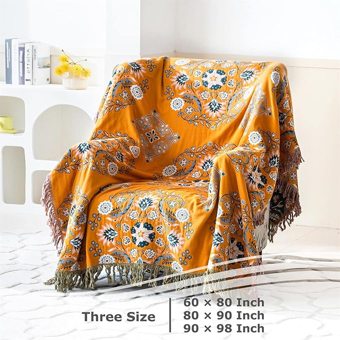 LUTBM Boho Throw Blanket for Bed 100% Cotton Soft Lightweight Quilt Reversible