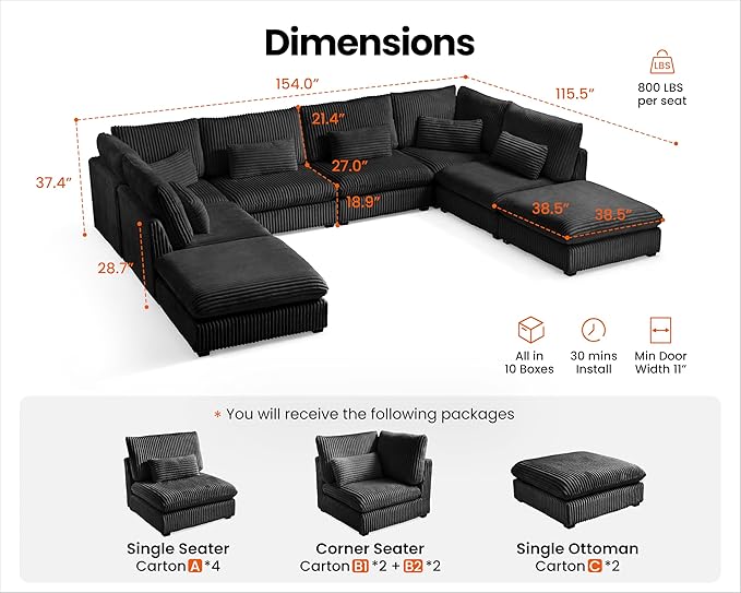 154" Oversized Corduroy Couch Modular Sectional Sofa, Washable Cloud Couch