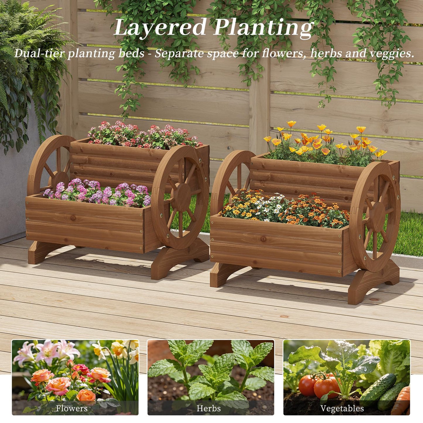 Kitsanery Wooden Planter Box,Planters for Outdoor Plants, Flower Cart for Patio Garden Balcony, Backyard Decor Garden Planters with Wheels for Flowers,Vegetables (Light Brown)