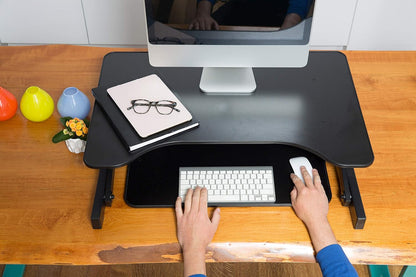 Rocelco 32" Height Adjustable Standing Desk Converter - Slide Out Retractable Keyboard Tray - Sit Stand Up Double Monitor Riser - Dual Piston Lift Assist Tabletop Computer Workstation - Black (R ADRB)