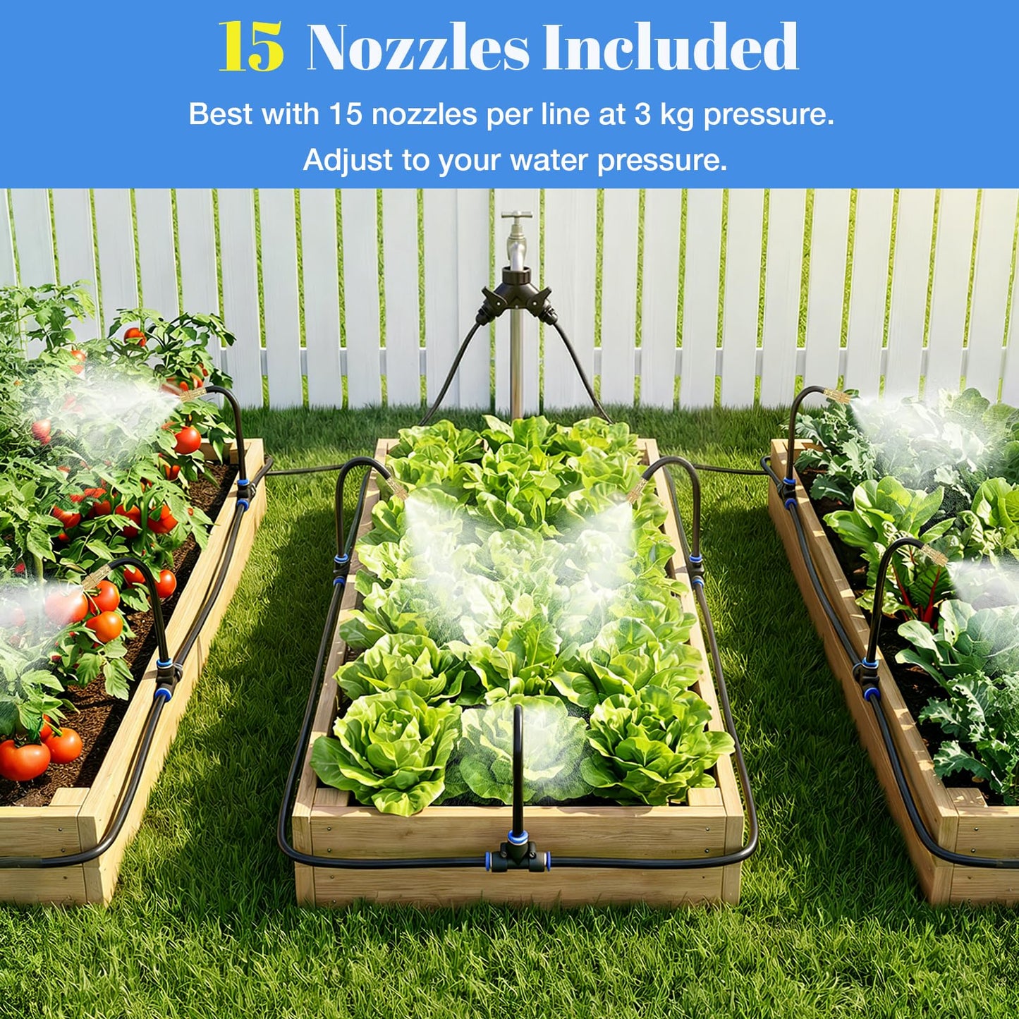 60FT Drip Irrigation Kit, 6mm Hose with Dual Outlet Splitter with Independent Valves & 15 360° Adjustable Brass Nozzles & 18 Snap-On Tees, DIY Automatic Watering for Greenhouse, Raised Beds, Garden
