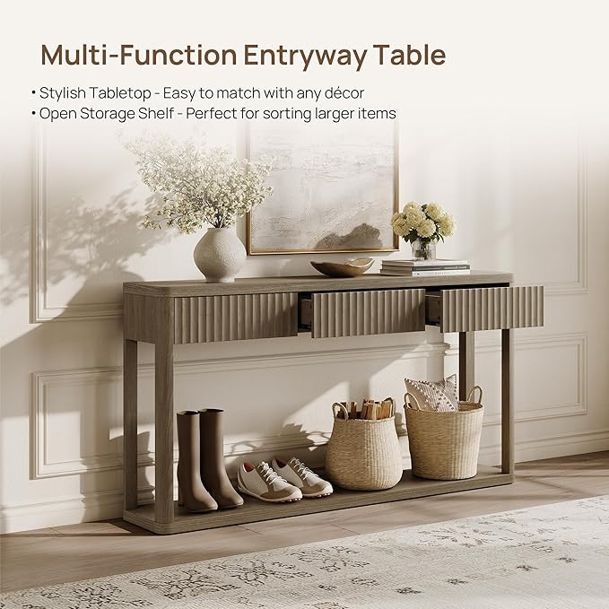 SICOTAS Entryway Table with Storage, 60.74" W Console Table with 3 Fluted