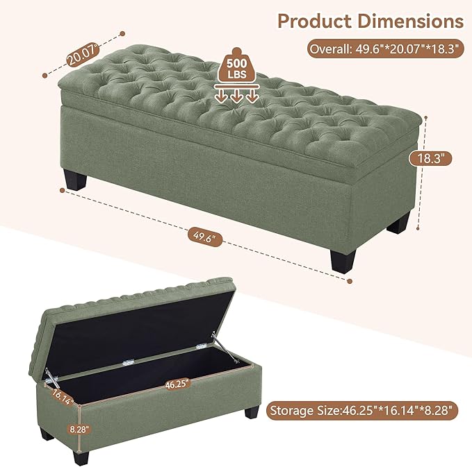 WUTUTUEE 50" Fabric Storage Ottoman Bench, Upholstered Rectangle End of Bed