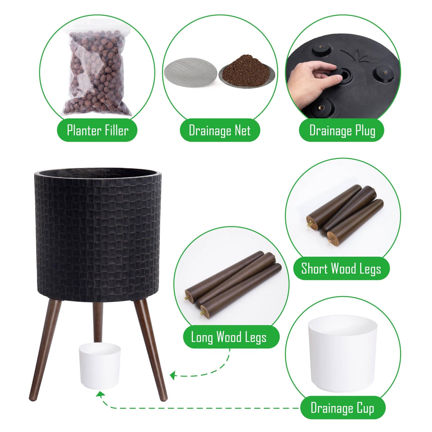 D'vine Dev 14 Inch Modern Geometric Tile Patterned Sleek Planter Pot with Stand, Indoor Outdoor Decorative Plant Holder, Distressed Black, 88-Z-D-5