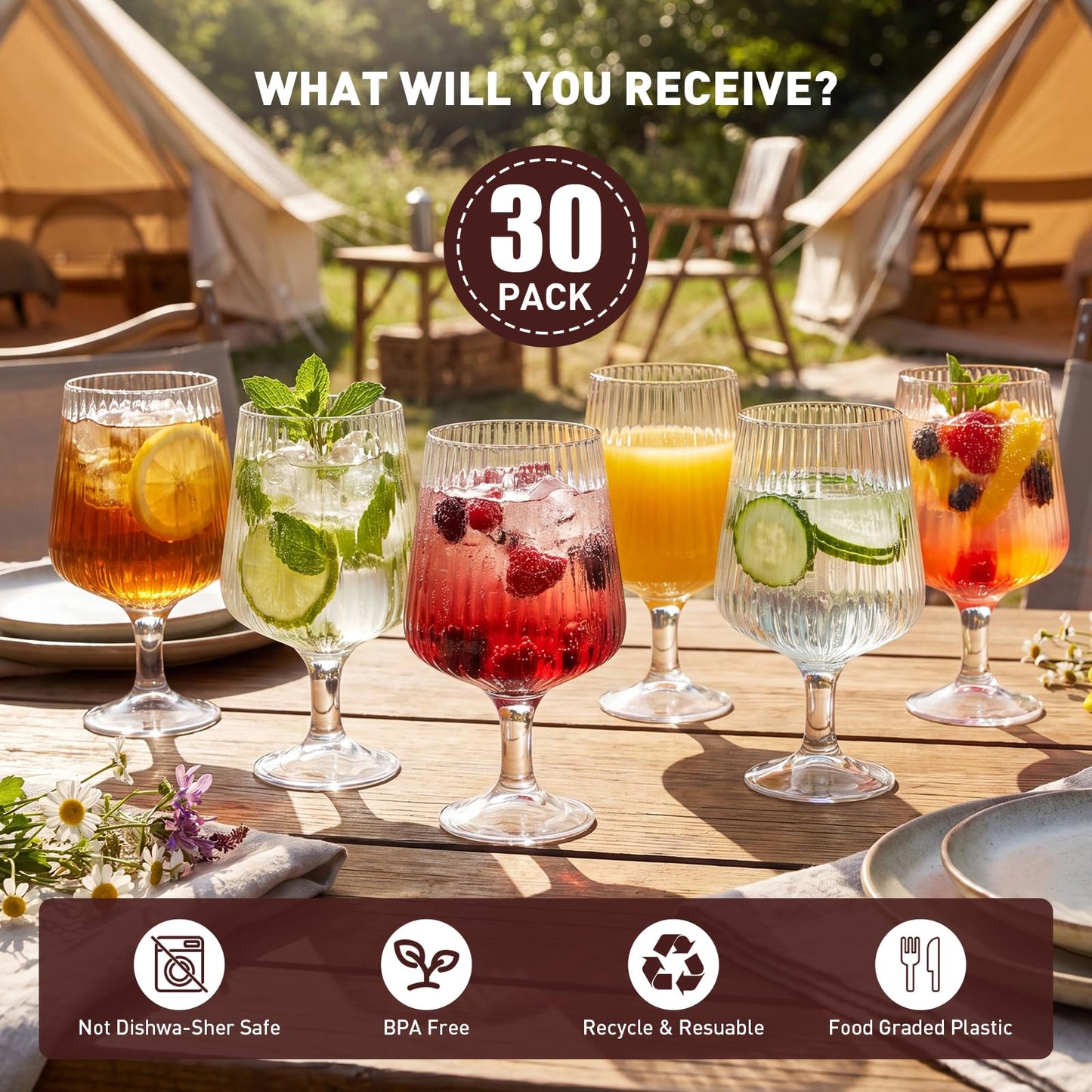 VinoFilt Wine Plastic Glasses Disposable Cups - Detachable Shatterproof Goblets Glass Drinking Reusable Bulk - Party Wedding Outdoor (12oz 30 Pack)