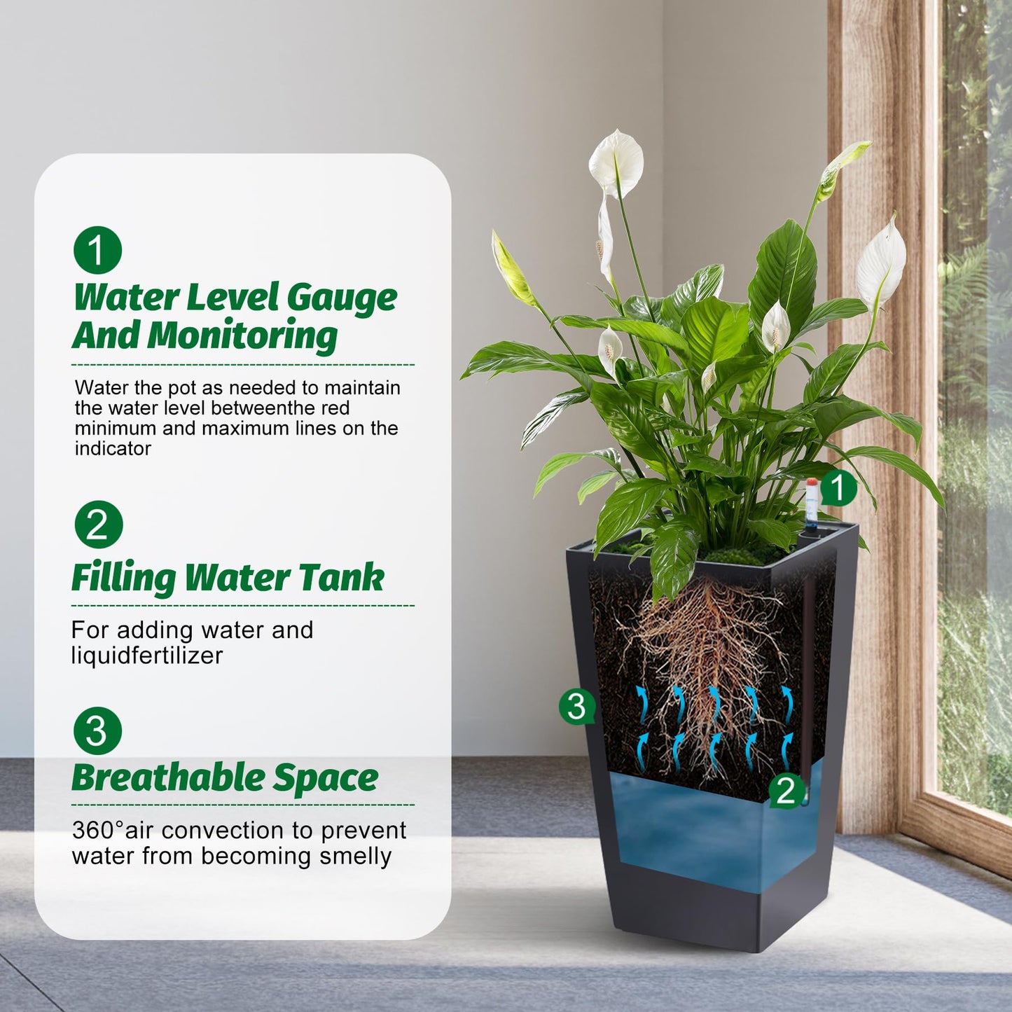 Garvee 16" Tall Planters Set of 2, Outdoor＆Indoor Black Planter Pots, High Front Porch Planter Pots with Drainage Holes＆Water Level Monitor＆Inner Bucket,Black