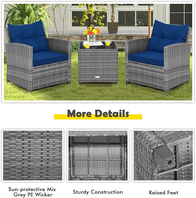 HAPPYGRILL 3 Pieces Patio Conversation Set, Outdoor Furniture Set PE Rattan