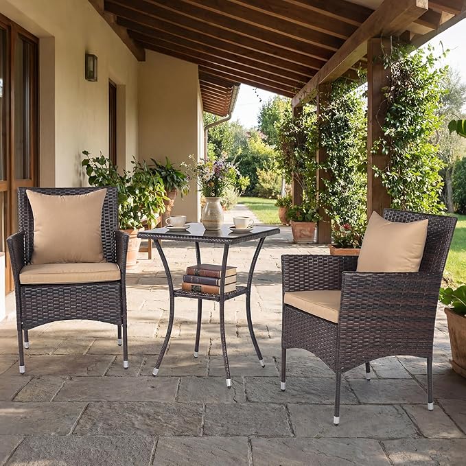 Tangkula 3 Pieces Patio Wicker Bistro Set, 2 Rattan Chairs w/ 2-Tier Tempered