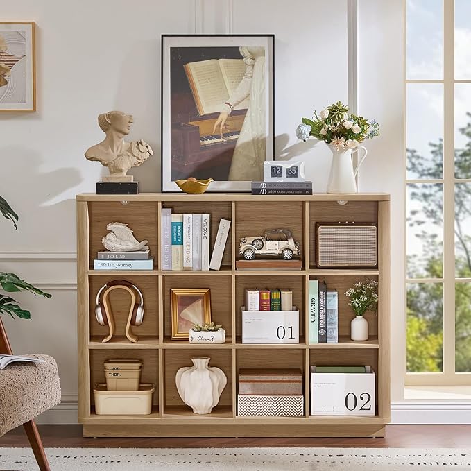 Joaxswe 12 Cube Storage Organizer, Wood Floor Standing 3-Tier Cubby Bookcase