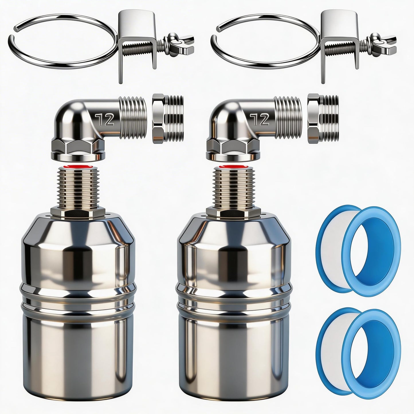 1/2“ 304 Stainless Steel Automatic Water Level Control Float Valve for Water Tank, Cattle Trough, Pools, Livestock (With Elbow, Metal Clip, 1/2" to 3/4" adapter) (2-Pack)