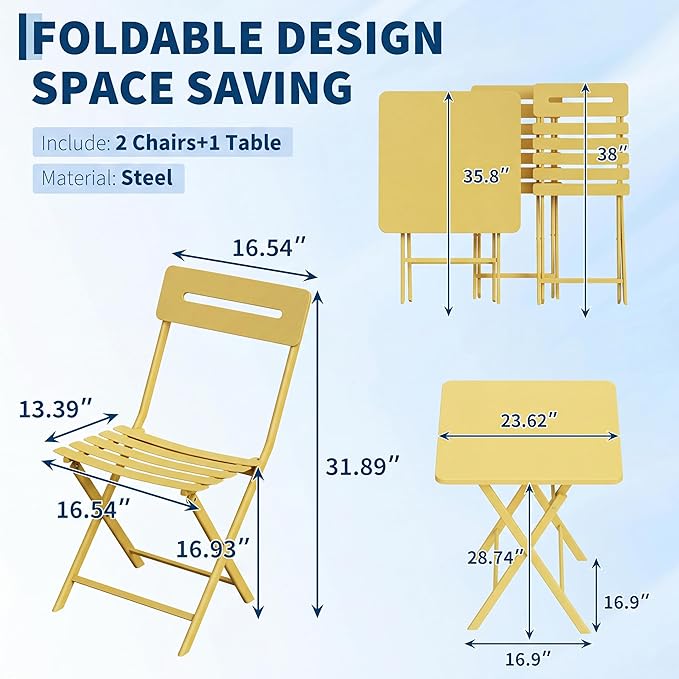 GarveeTech 3-Piece Folding Bistro Set, Heavy Duty Outdoor Patio Furniture