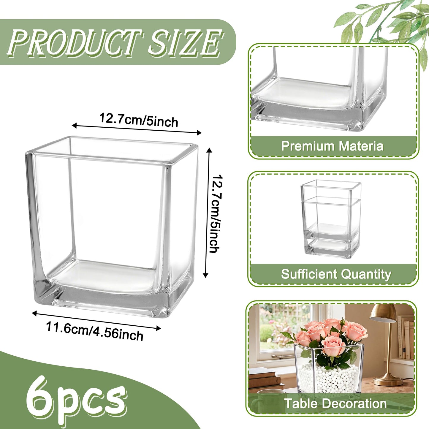 6Pcs Square Clear Glass Vases 5" x 5" x 5", Cube Vase for Centerpiece, Candle Holder Plant Terrarium for Wedding Centerpiece, Office Decorations, Home Decor, Parties