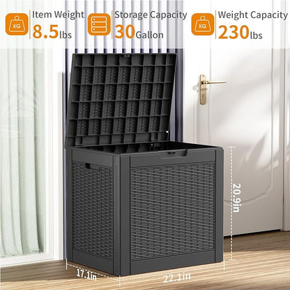 ROJIK 30Gallon Outdoor Storage Box - Waterproof Patio Furniture Deck Box, Garden Tools, Cushions, Pool Accessories Storage Bench with Lockable Lid and Side Handles (Black Rattan, 30 Gal)