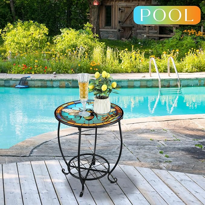 Cinnvoice Outdoor Side Table Round Small Mosaic Patio Accent Indoor End Plant
