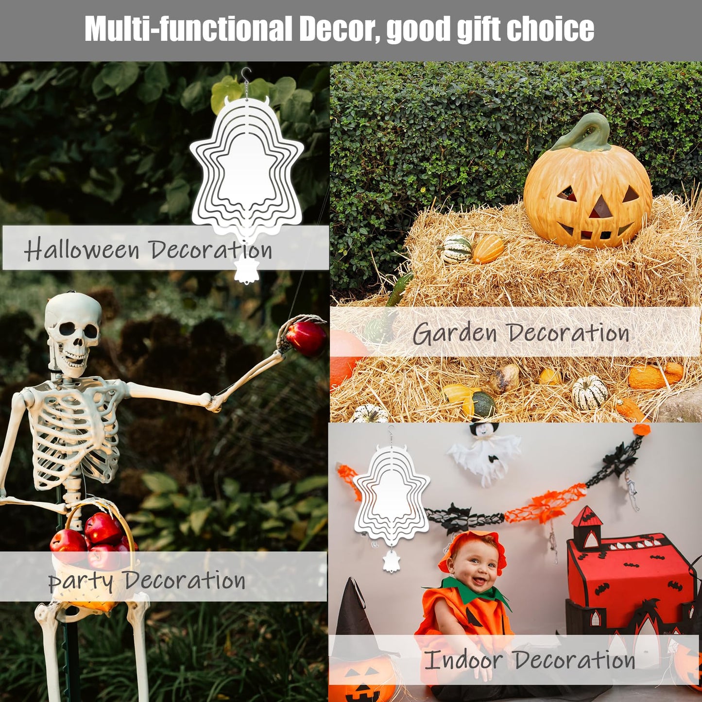 4Pack 8 inch Sublimation Wind Spinner Blanks 3D Aluminum Metal Wind Sculpture Kinetic Spinners for Yard and Garden Indoor Art Ornaments Hanging Decoration (Halloween Ghost)