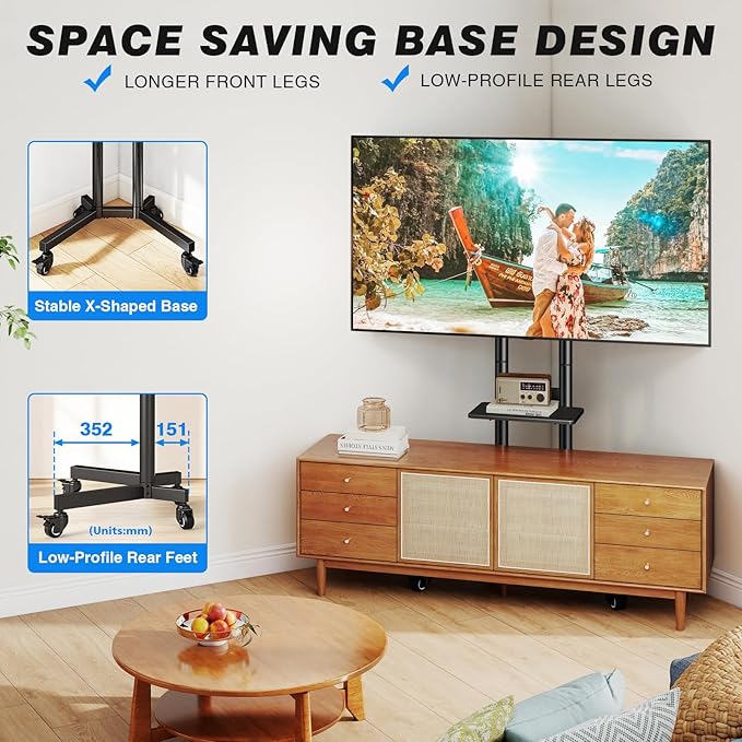 Rolling TV Stand with Shelf for 32-85 inch TVs up to 150lbs, Portable Mobile TV