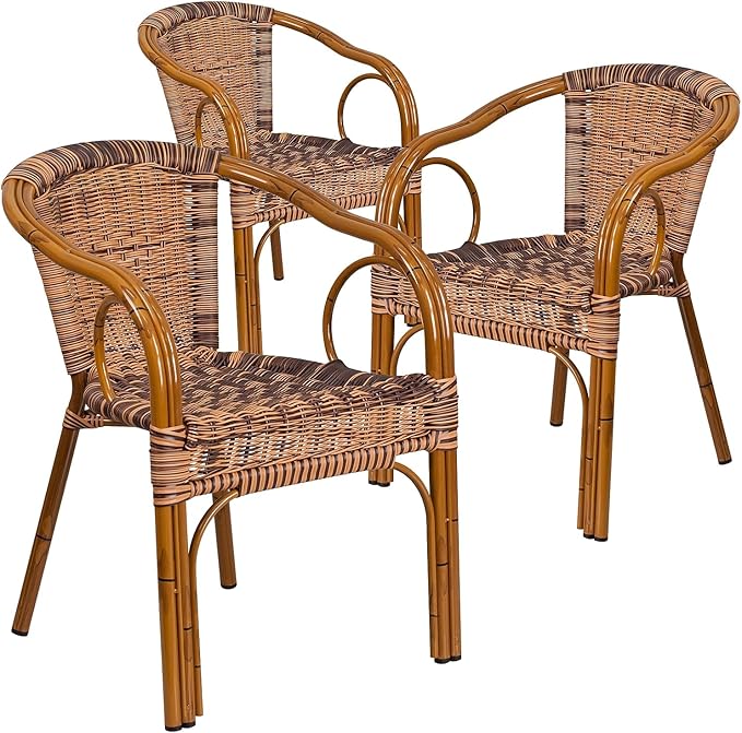 Flash Furniture 3 Pack Cadiz Series Burning Brown Rattan Restaurant Patio Chair