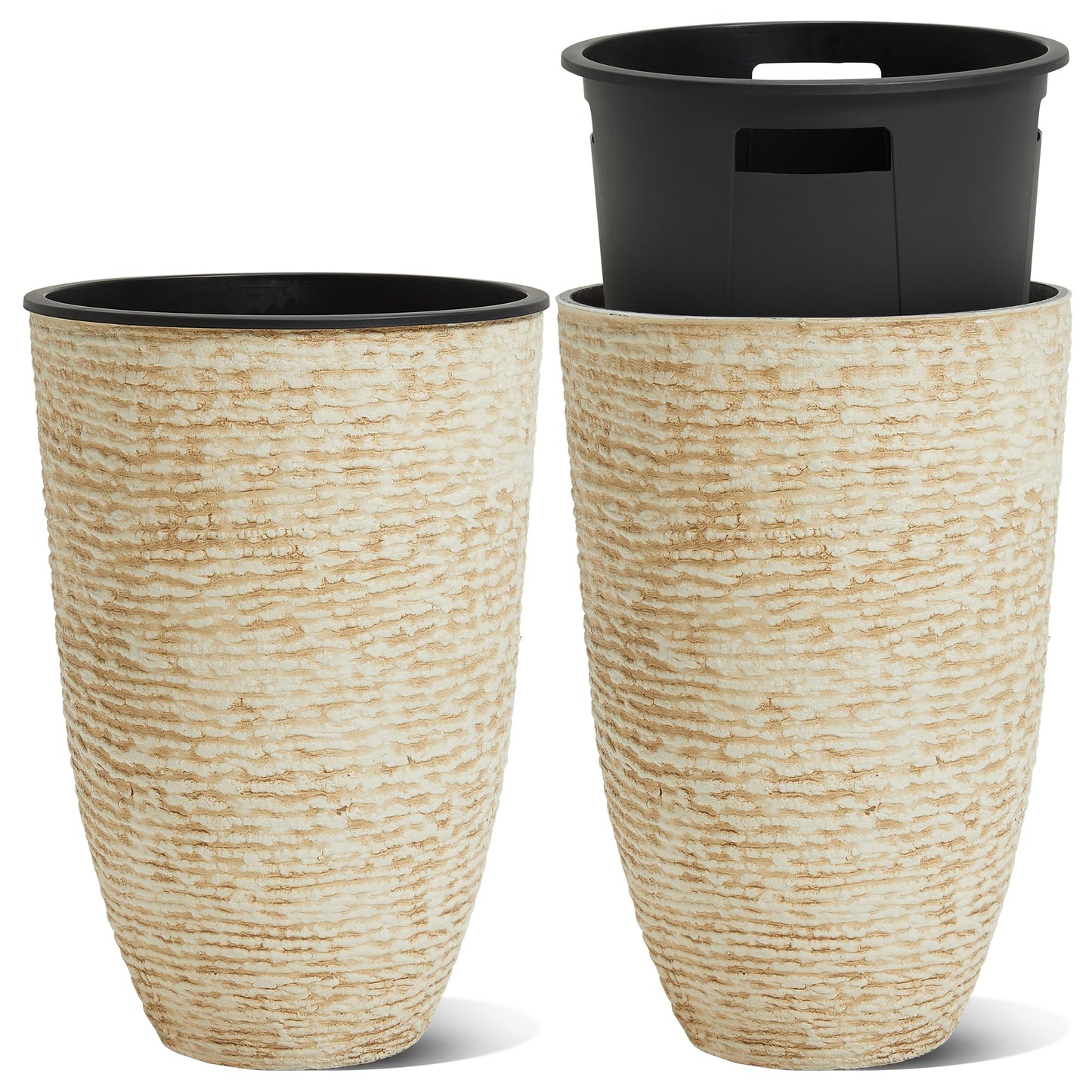 Worth Garden 21" H Beige Tall Planters set of 2 with Inside Pots - 14'' Dia Plastic Large Round Plant Tree Pots with Drain Hole - Decorative Imitation Stone Finish for Indoor Outdoor Front Porch Patio