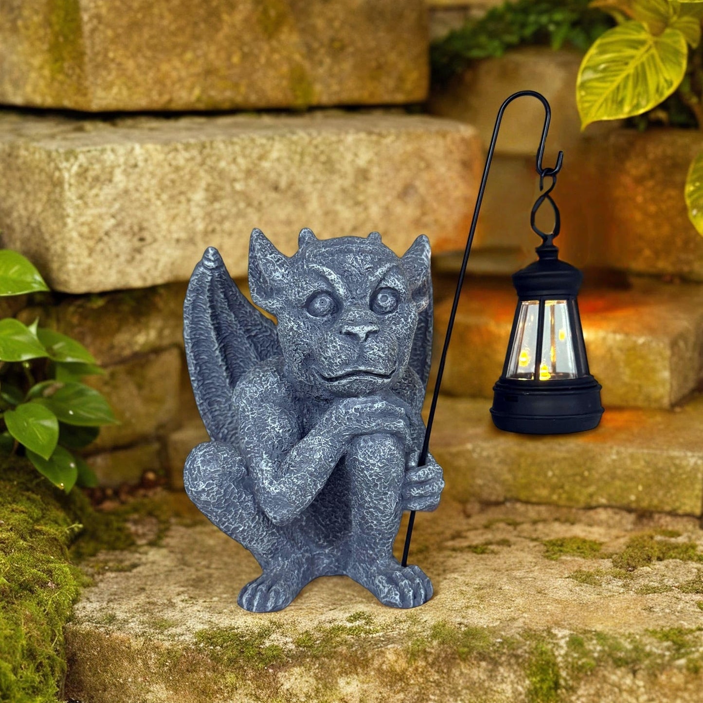 memeyou Gargoyle Statues Outdoor with Solar Lantern Gothic Garden Lamp Decor Outside Dragon Winged Gargoyle for Porch Patio Lawn Yard Ornament Trolls Figurine Gifts for Women Mom Grandma
