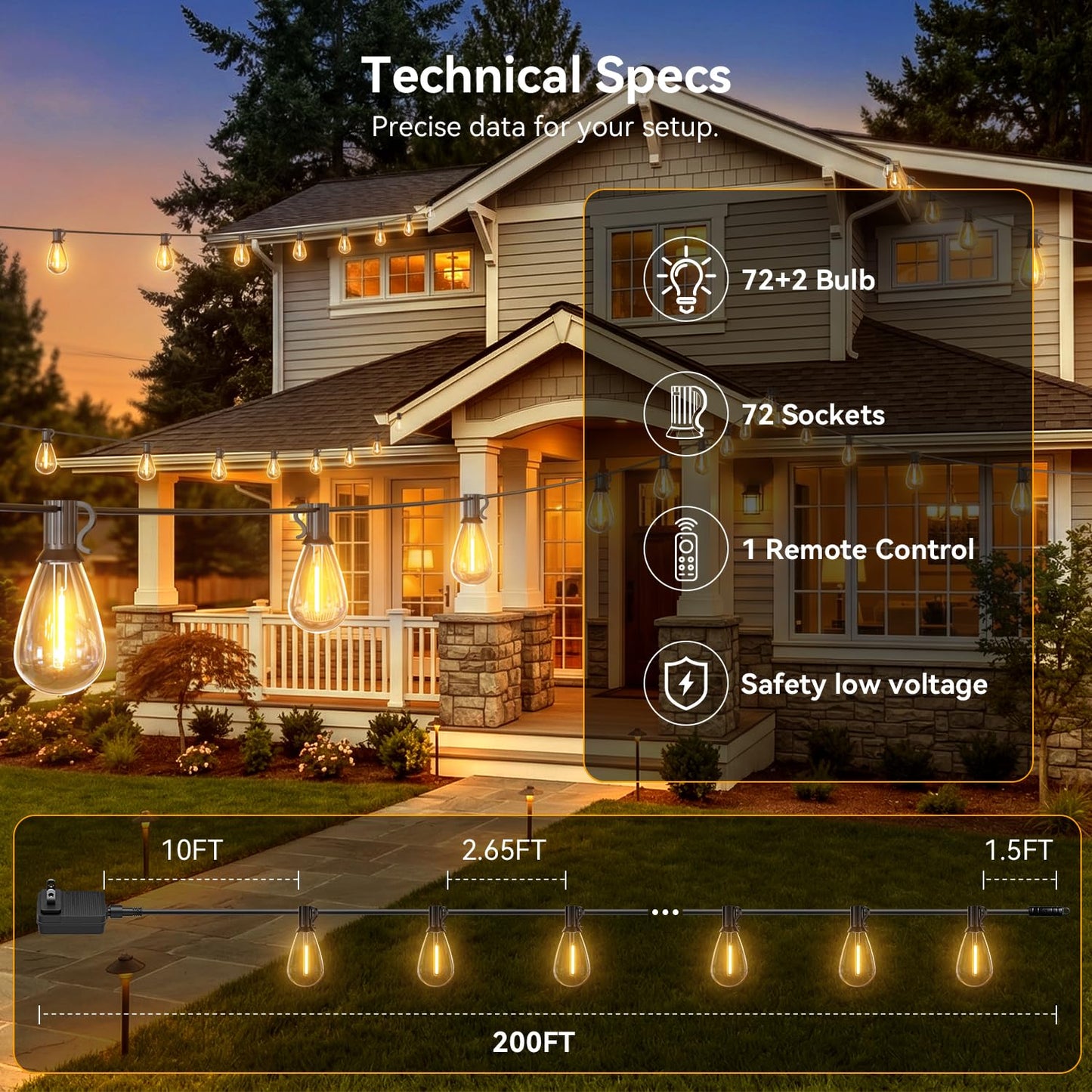 Amzrap 200FT Outdoor String Lights with Remote, Waterproof Patio Lights with 72+2 Shatterproof LED Bulbs, 2700K Dimmable Waterproof Hanging Decor for Backyard Garden Porch Bistro, Timer & 3 Modes