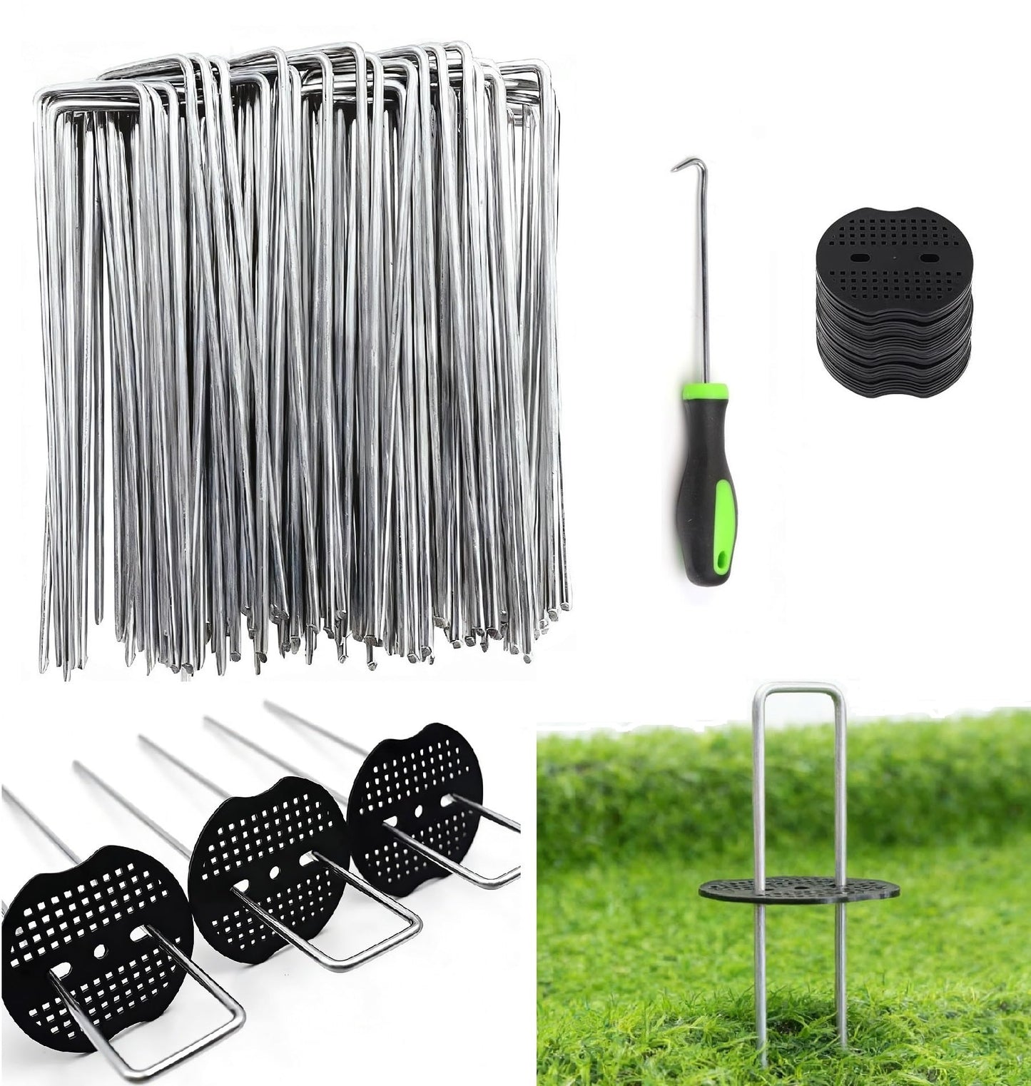 10 Inch 50 PCS Galvanized Landscape Staples with 50 PCS Gasket, Landscape Fabric Pins Stakes Lawn Ground Cover Graden Staples Spikes Weed Barrier Stakes