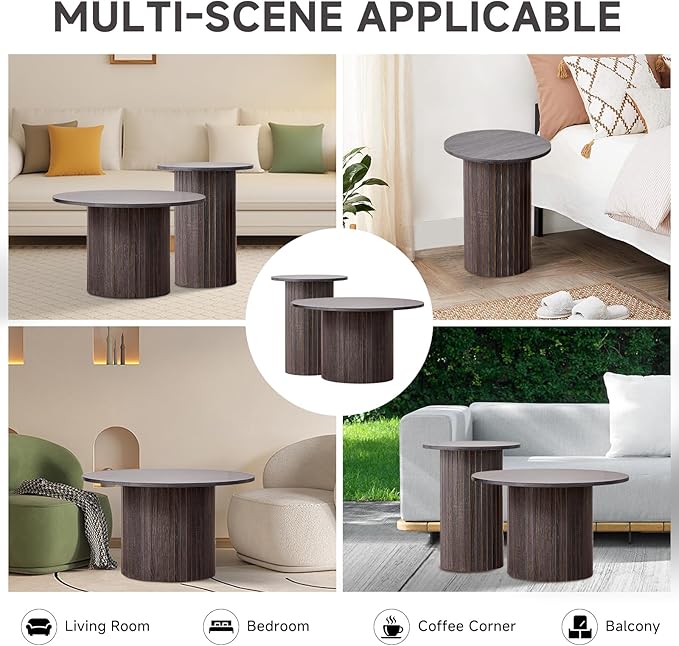 Round Nesting Coffee Table Set of 2 Mid Century Modern Wood Round Coffee Tables