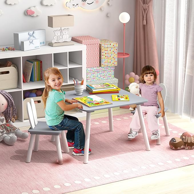 Costzon Kids Table and Chair Set, 3 Pieces Wooden Activity Table & 2 Rabbit