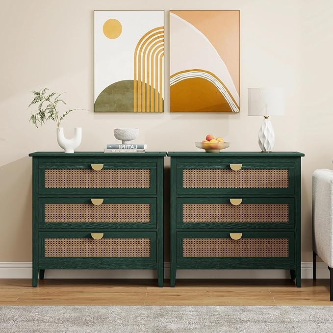 31.5" Retro Green Accent Storage Cabinets, Boho 3-Drawer Cabinets