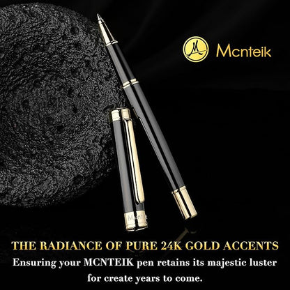 Black Lacquer Rollerball Pen - Stunning Luxury Pen, 24K Gold Plating, Schmidt Refill, Precision Flow Ink, Best Roller Ball Gift Set for Men & Women, Professional, Executive Fancy, Nice Pens