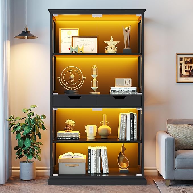 Jocoevol Display Cabinet with Glass Doors, 4-Tier Glass Display Case with Human