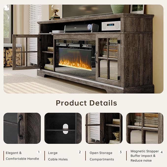 70" Fireplace TV Stand, Modern Entertainment Center