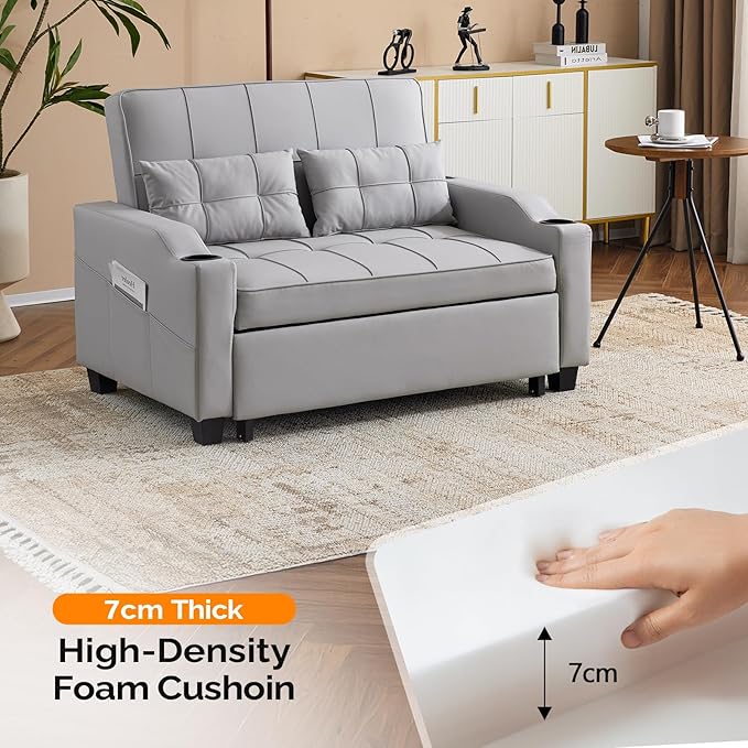 VINGLI Light Grey Futon Sofa Bed Convertible Loveseat Sleeper Couch, Faux
