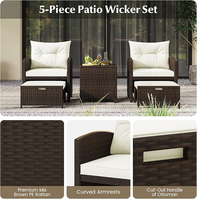Tangkula 5 Pieces Patio Conversation Set, PE Wicker Outdoor Furniture Set