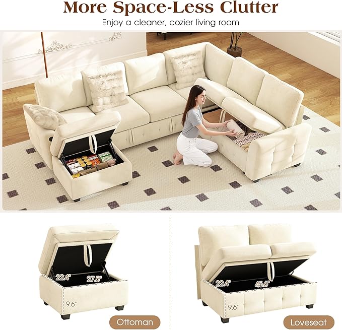 Ihanherry 106-inch Large L-Shaped Sectional Sofa Bed, 7-Seater Convertible Pull