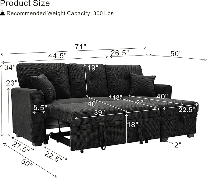 L Shaped Sectional Couch with Storage and Pull Out Bed, 3 Seater Sleeper Sofas