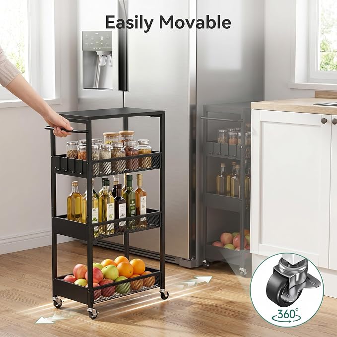 Rolling Utility Cart, 4 Tier Metal Storage Cart with Handle and Wood Top, Multifunctional Mobile Shelf Unit Organizer Trolley for Laundry, Bathroom, Kitchen