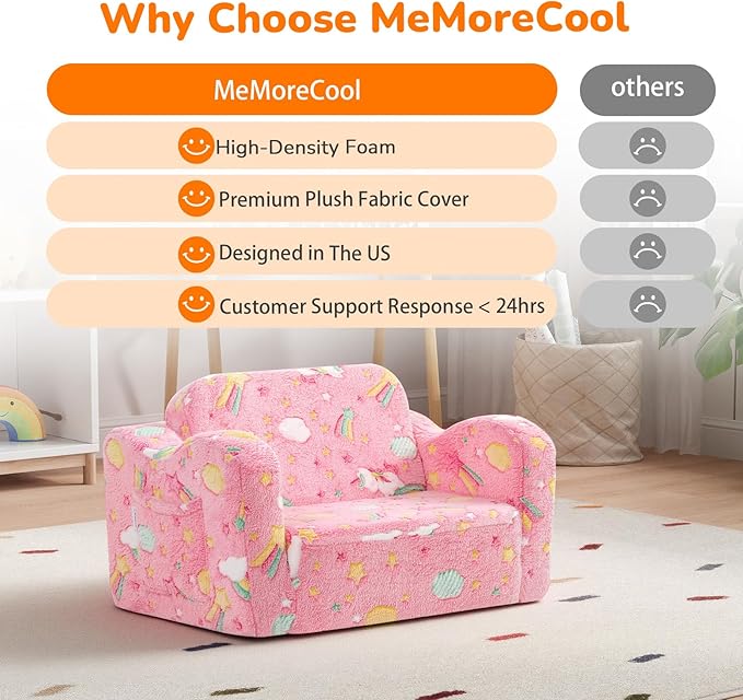 MeMoreCool Glowing Pink Rainbow Kids Chair, 2-in-1 Glow-in-the-Dark Kids Couch
