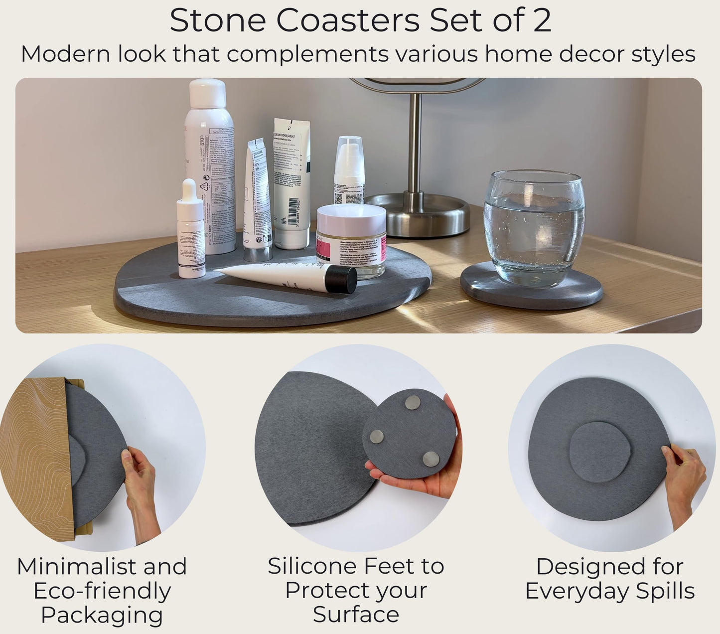 Stone Plant Saucer Set 1 Small 5 in + 1 Large 11.5 in, Absorbent Diatomaceous Earth Plant Tray for Indoors, Plant Pot Saucer with Silicone Feet, Grey Slate Water Absorbing Planter Tray