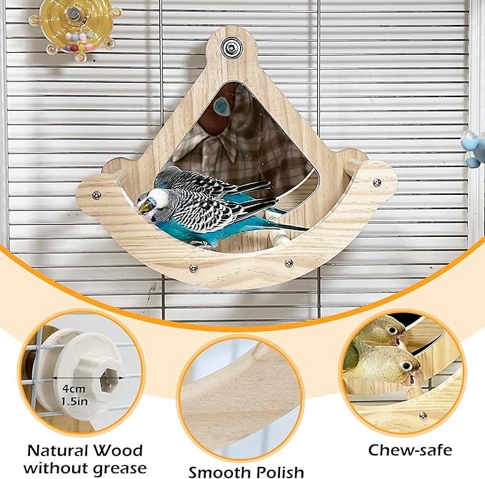 Bird Perch Toy with Mirror for Cage, Interactive Rocking Parakeet Toys and Perches, Wood Exercise Wheel Cockatiel Toys, Birds Enrichment Toy for Parrot, Bird Cage Accessories Perch for Budgies Conure