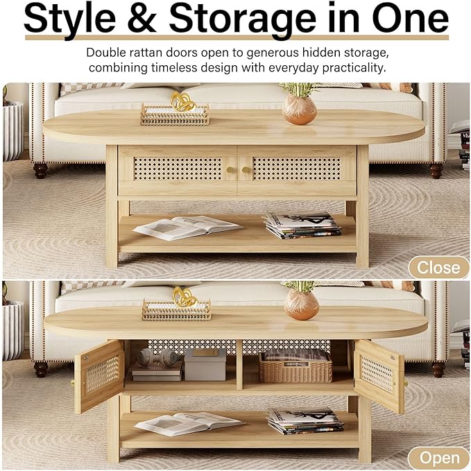 LVB Rattan Coffee Table, Boho Wood Living Room Table