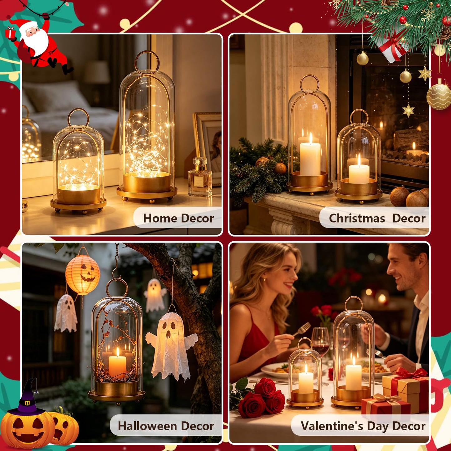 5"&4" Hurricane Glass Candle Holder Set - Metal Frame with Glass Chimney, Hanging Brass Metal Candle Holder, Pillar Candle Lantern for Wedding Party Holiday Dining Table Mantel Home Decor