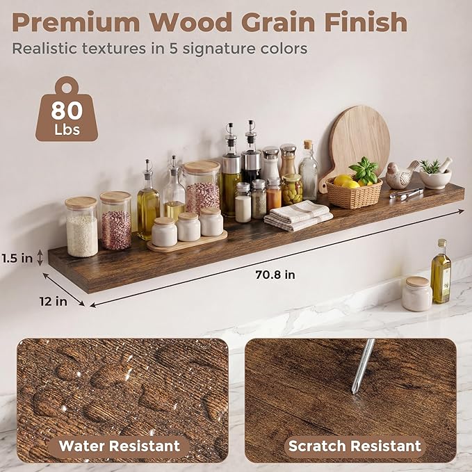 12 inch Deep Floating Shelves for Wall, 72 inch Wide Engineered Wood Wall