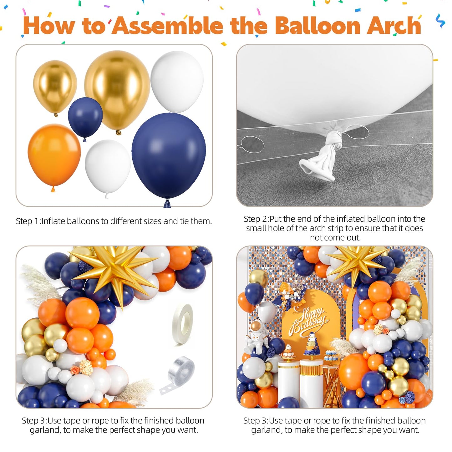 Blue and Orange Balloon Garland Arch Kit, 107 PCS Royal Dark Blue White Orange Latex Balloons Gold Star Foil for Birthday Thanksgiving Baby Shower Baseball Party