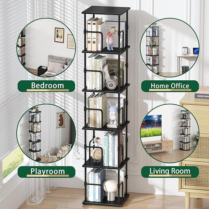 5-Tier Rotating Bookshelf, Freestanding Corner Bookshelf Industrial Style