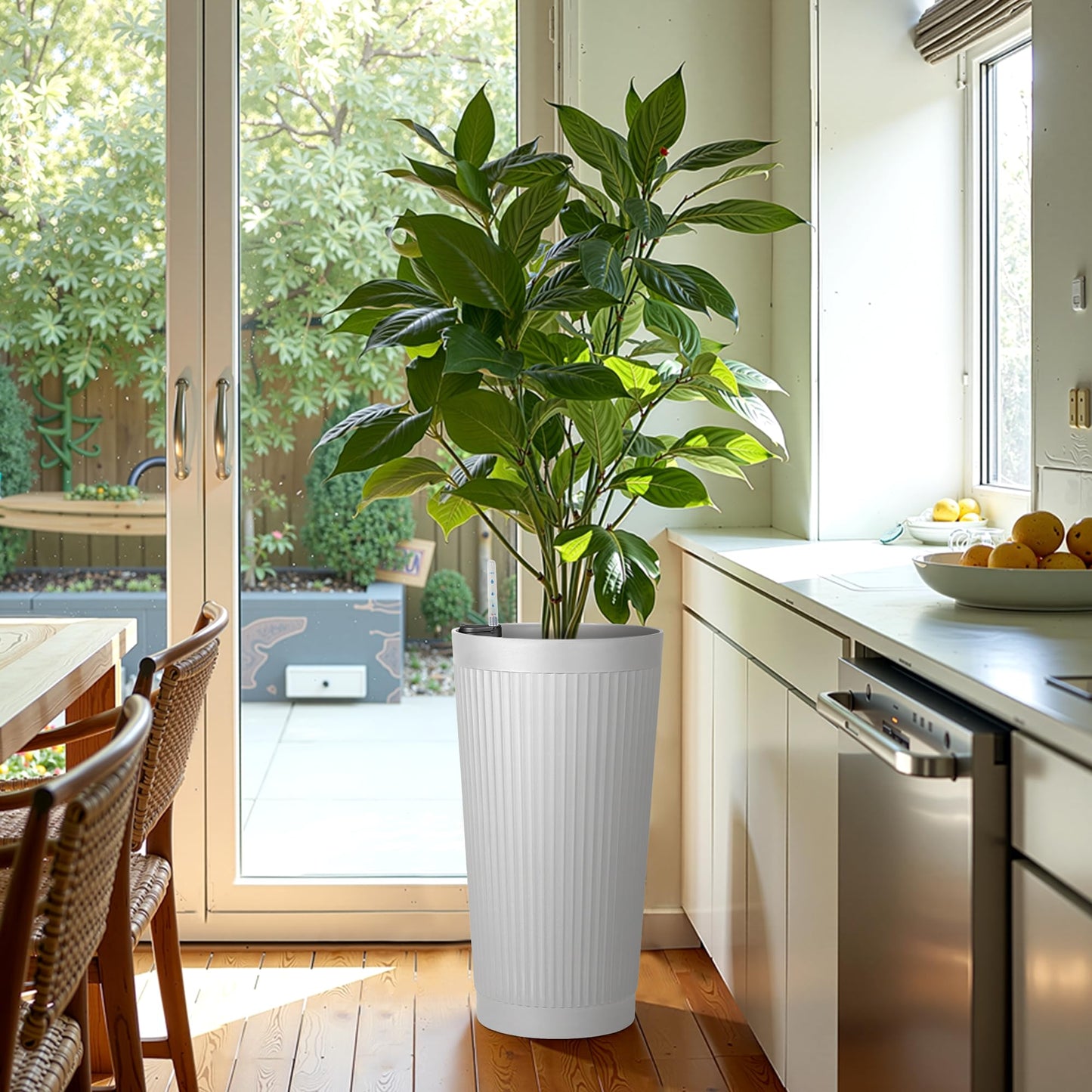 PolarcoForgeco 24in Tall Self-Watering Planters Set of 2 - White Flower Pots with Water Level Monitor, Non-Toxic Plastic Planters for Indoor Outdoor Patio, Porch, Living Room, Home Office