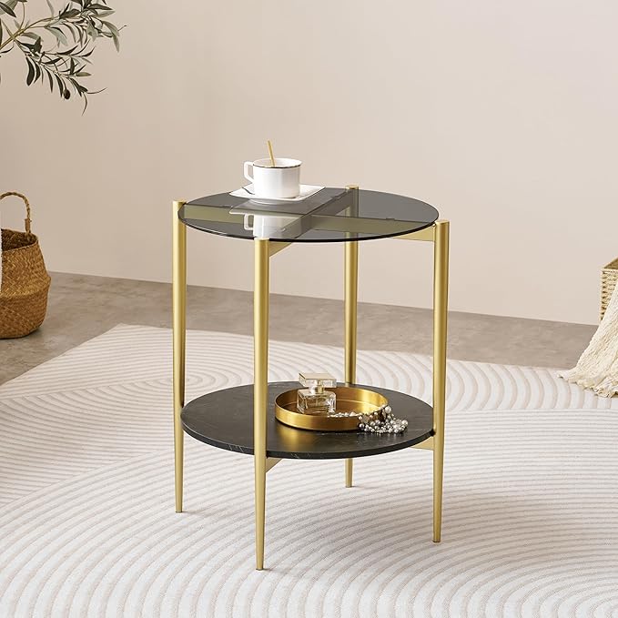 LumFurn Round Glass End Table, Mid-Century Modern Design Sofa Table