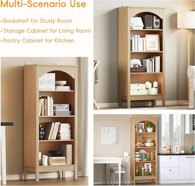 Arched Bookshelf with 4 Tier Open Shelves, Study and Living Room, Natural Oak