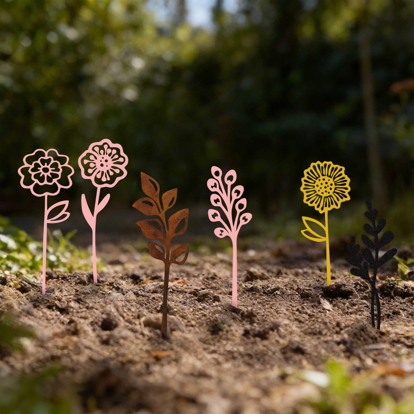 LumDecor Pink Metal Flowers Set of 6, Decorative Garden Outdoor Plant Stakes for Yard Art, Metal Garden Art Flower Bed Decor, Pink Flower Yard Sculptures for Pots Vase Garden Lawn and Patio