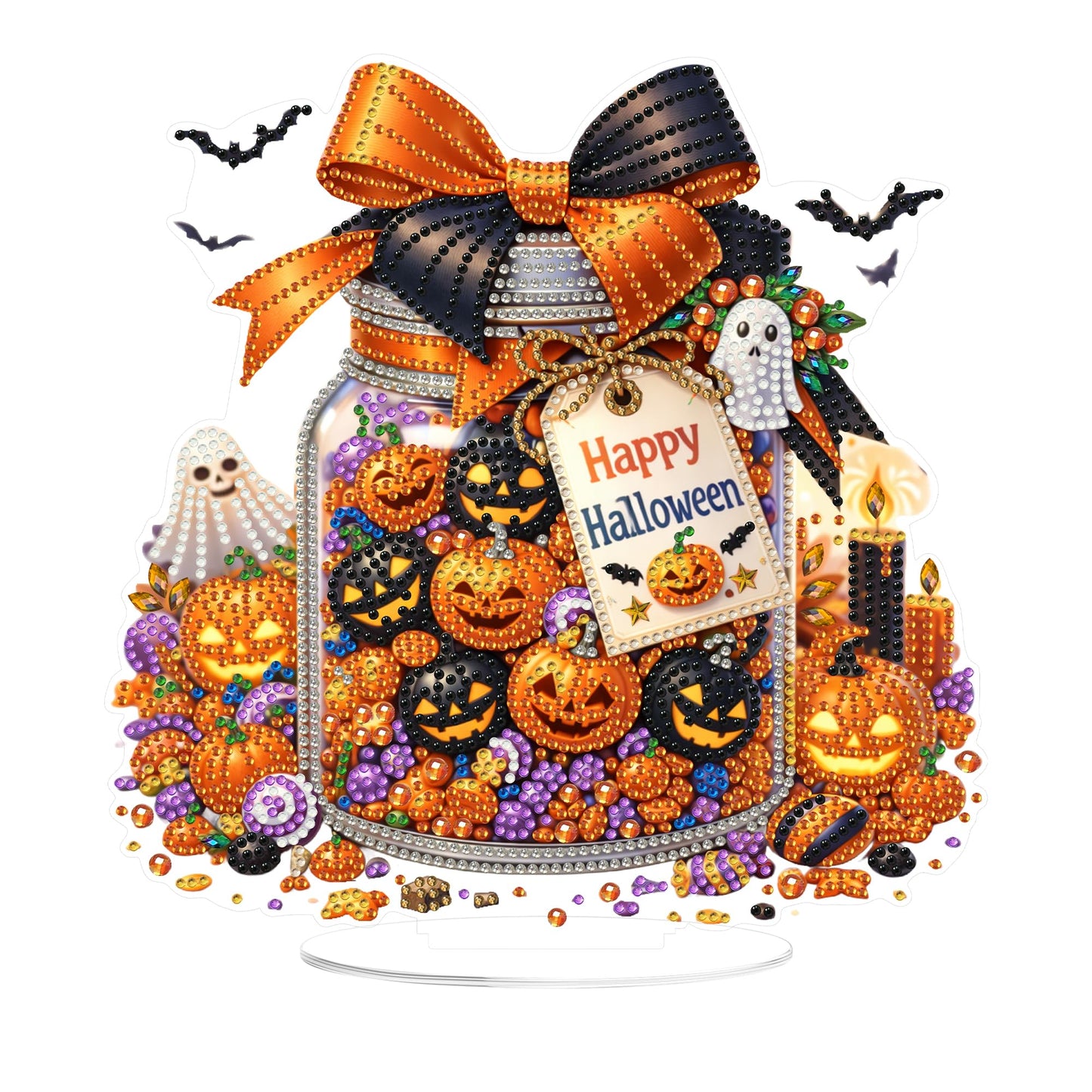 Eiflow Tabletop Diamond Art Kit for Adults Halloween Pumpkins, DIY Desktop Diamond Art Painting with Stand, Acrylic Stand Up Gem Painting Board Kit (Happy Halloween)